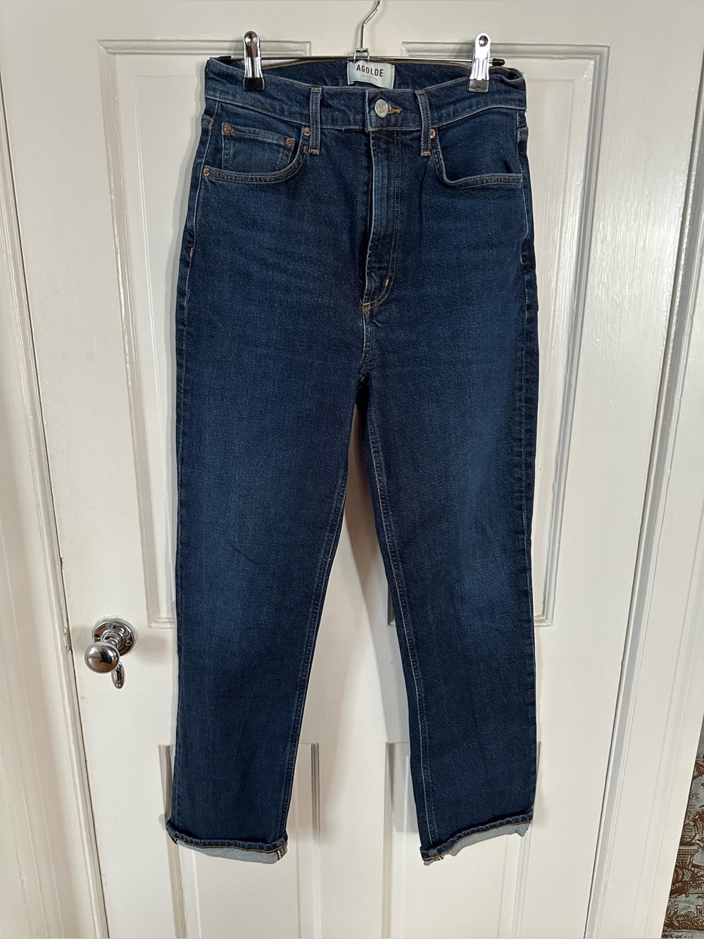 Agolde high rise stovepipe jeans size 27 straight leg blue chic quiet luxury